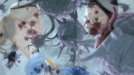 animación de células de coronavirus sobre una mujer en el laboratorio