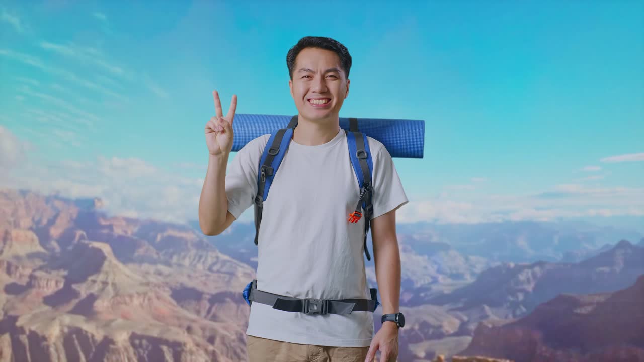 Asian Male Hiker With Mountaineering Backpack Smiling And Showing Peace Gesture While Traveling At The Top Of Mountain