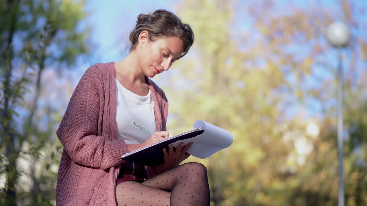 Woman sketching on a bench in the park on a sunny day