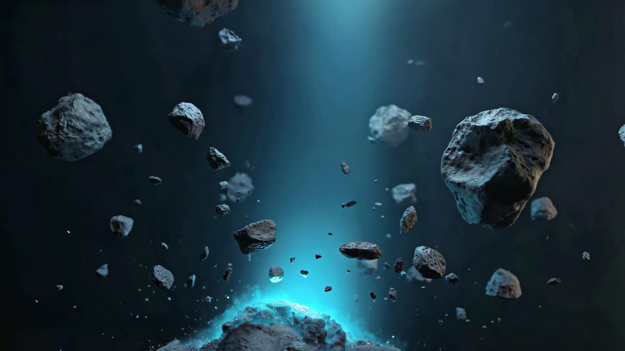 Bagliore di asteroide cosmico: luminosa cintura di asteroidi con frammenti alla deriva illuminati.