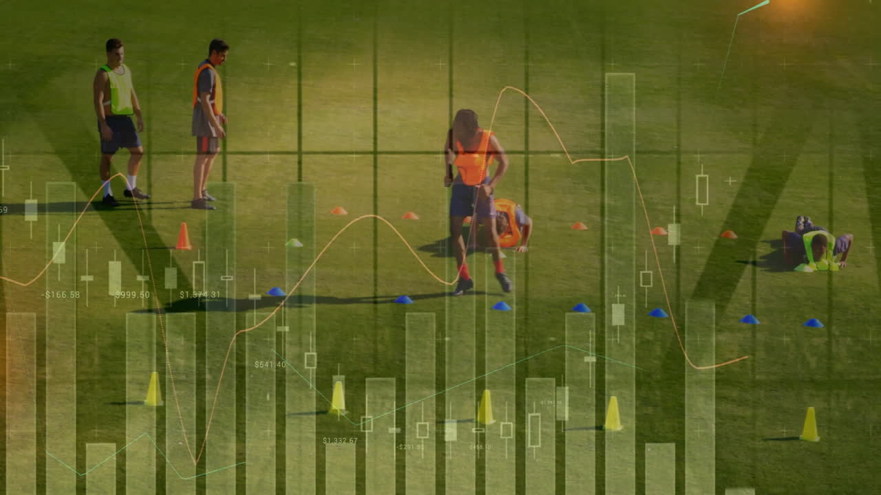 In animation, soccer training on grassy field with financial data charts overlay
