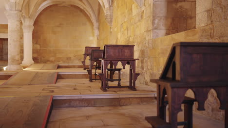 medieval monastery interior with wooden desks