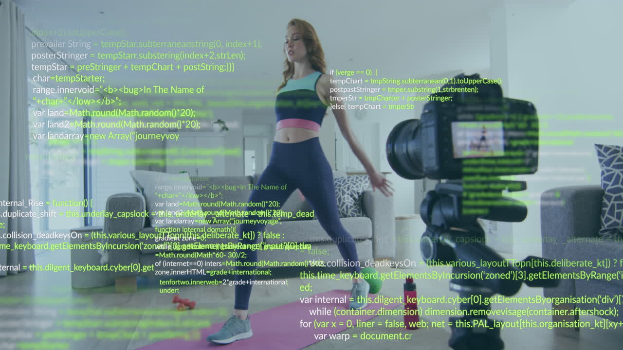 animación de procesamiento de datos sobre mujer caucásica haciendo video y haciendo yoga