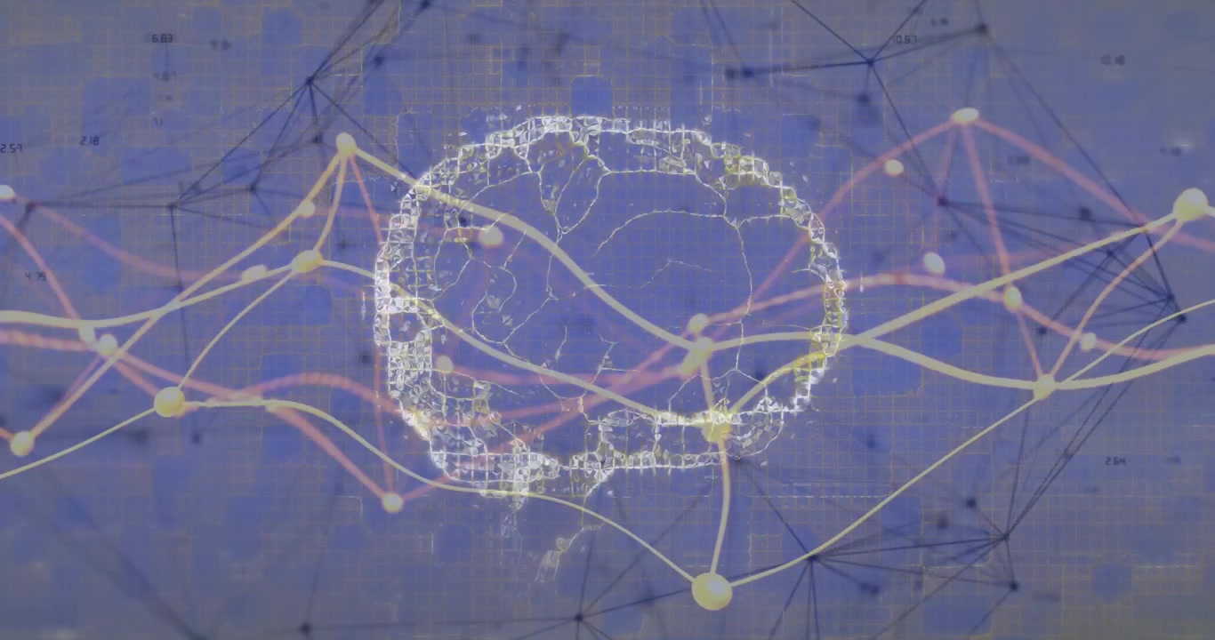 Drifting yellow and pink lines forming brain, nodes pulsing, dissolving illustrating data flow