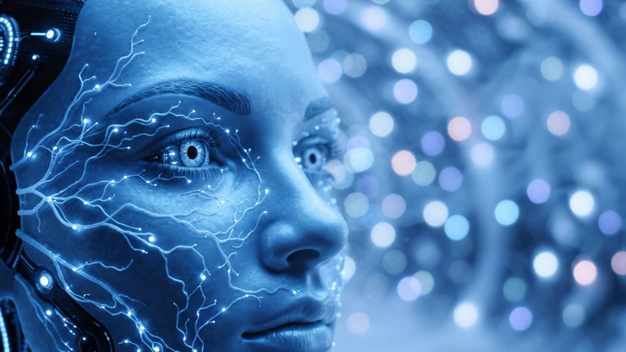A Futuristic Portrait of a Cybernetic Being with Glowing Neural Patterns Against a Background of Colorful Bokeh Lights Symbolizing Technological Advancement.