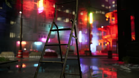 a rusty ladder standing in a dark, wet, and foggy city street with neon lights