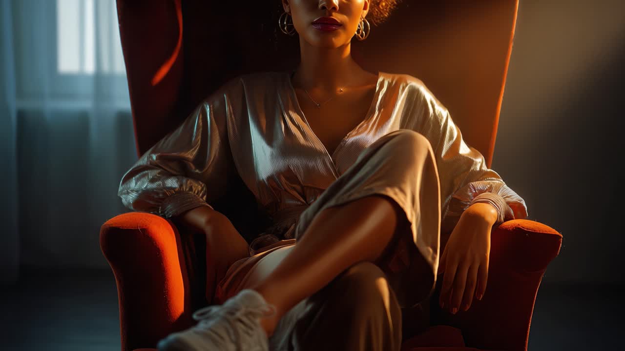 Ritratto accattivante di un individuo sicuro di sé che si rilassa su una sedia elegante, immerso in una luce calda, mettendo in mostra stile e compostezza in un ambiente accogliente.