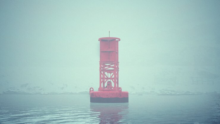 Red buoy in foggy water