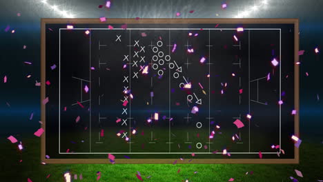 confeti cayendo sobre el diseño del campo de fútbol contra el estadio deportivo en el fondo
