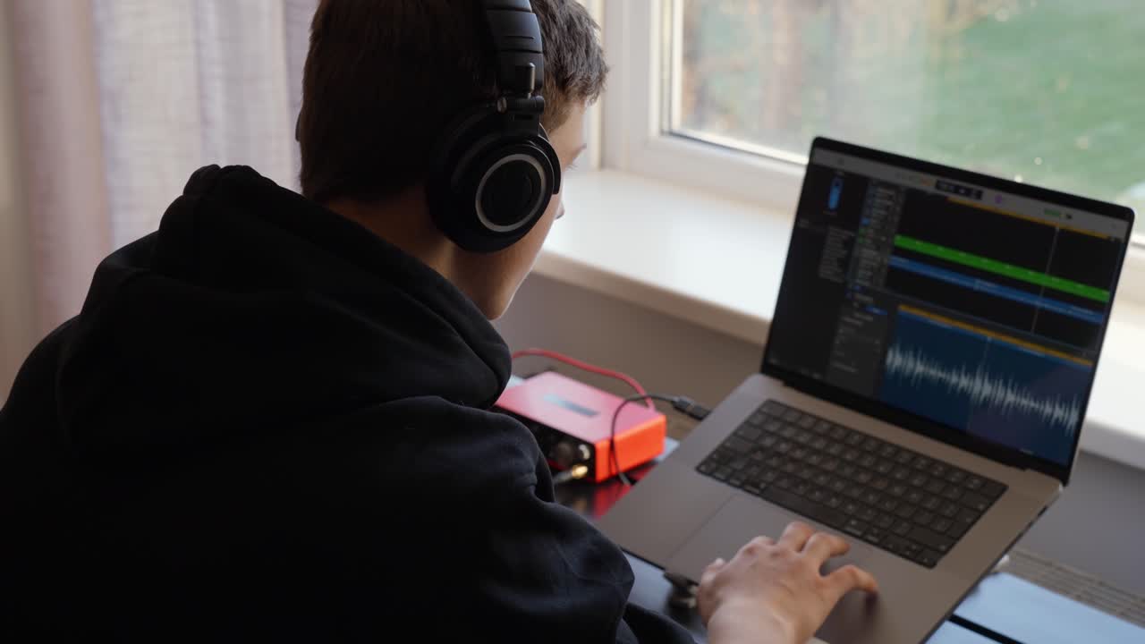 Young man with headphones at a desk using a laptop and audio interface to produce and edit music in a home studio, focused on mixing, composing and sound design