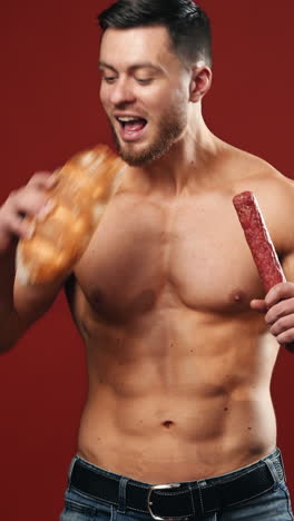 difficult choice between sport and junk food. unhealthy eating diet on dark red background. vertical video