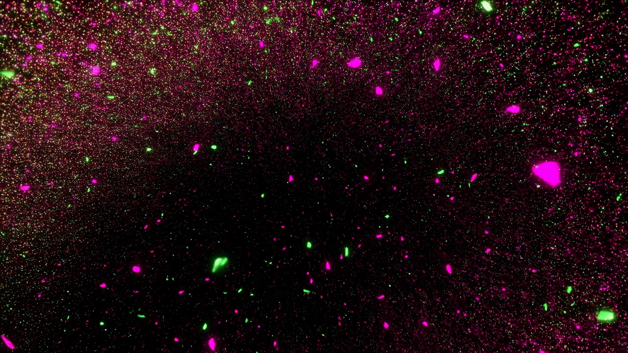 Neon Magenta Particles Swirl Into Vortex, Black Background Filled With Tiny Green Sparks And Floating Heart