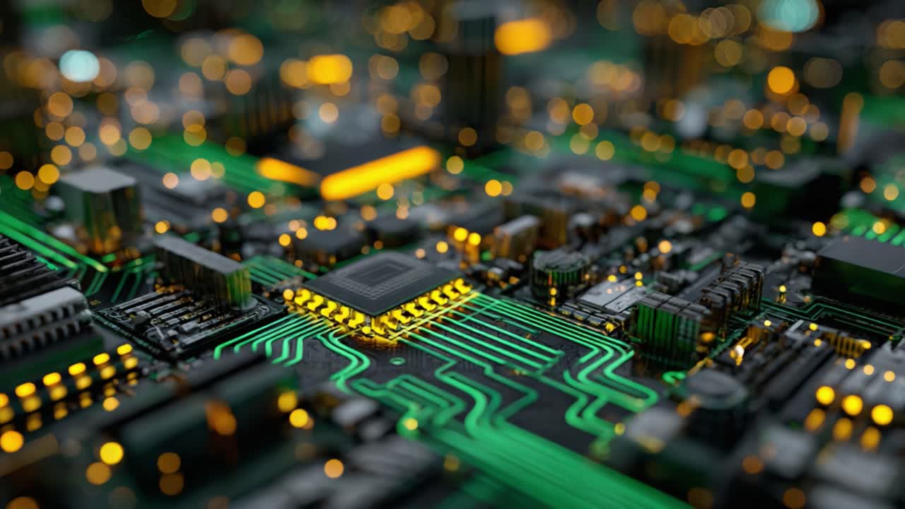 Exploring the Intricate World of Microchip Technology through Close-up Shots of a Vibrant Circuit Board with Glowing Connections and Detailed Components