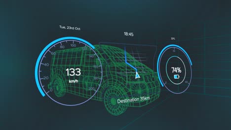 animation of electric car icons and data processing over 3d car drawing