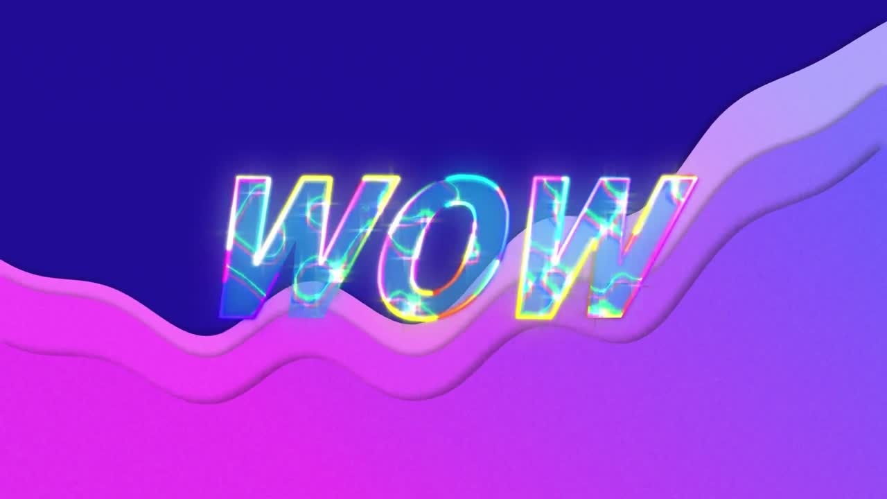 Animation of wow text over purple waves on blue background