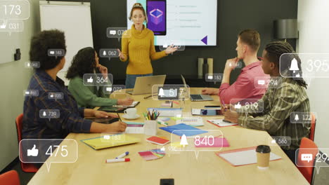 Animation-of-notification-bars-over-diverse-woman-explaining-strategy-to-coworkers-in-office