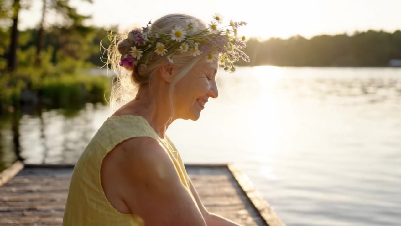 A Serene Woman with a Flower Crown Embracing Nature’s Beauty at Sunset by the Water – A Moment of Peace and Reflection
