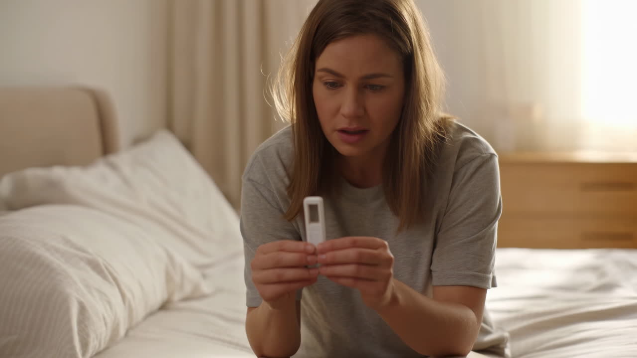 Donna preoccupata che controlla il risultato di un test di gravidanza in camera da letto