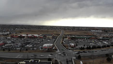 Drone-shot-of-commercial-area-during-a-cloudy-day