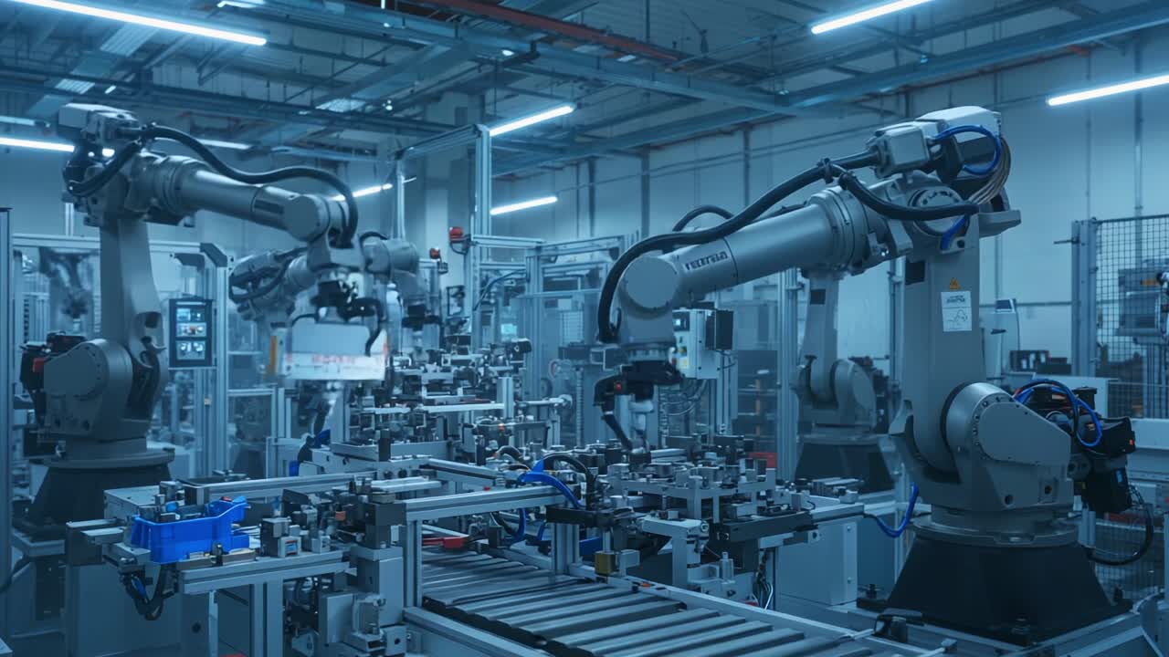 Environnement de fabrication automatisé avec des bras robotiques effectuant des tâches de précision dans une usine de haute technologie dotée de machines avancées et de chaînes d'assemblage