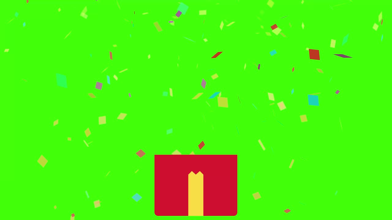 gift box opens cover with flying falling confetti surprise animated video on green background screen.