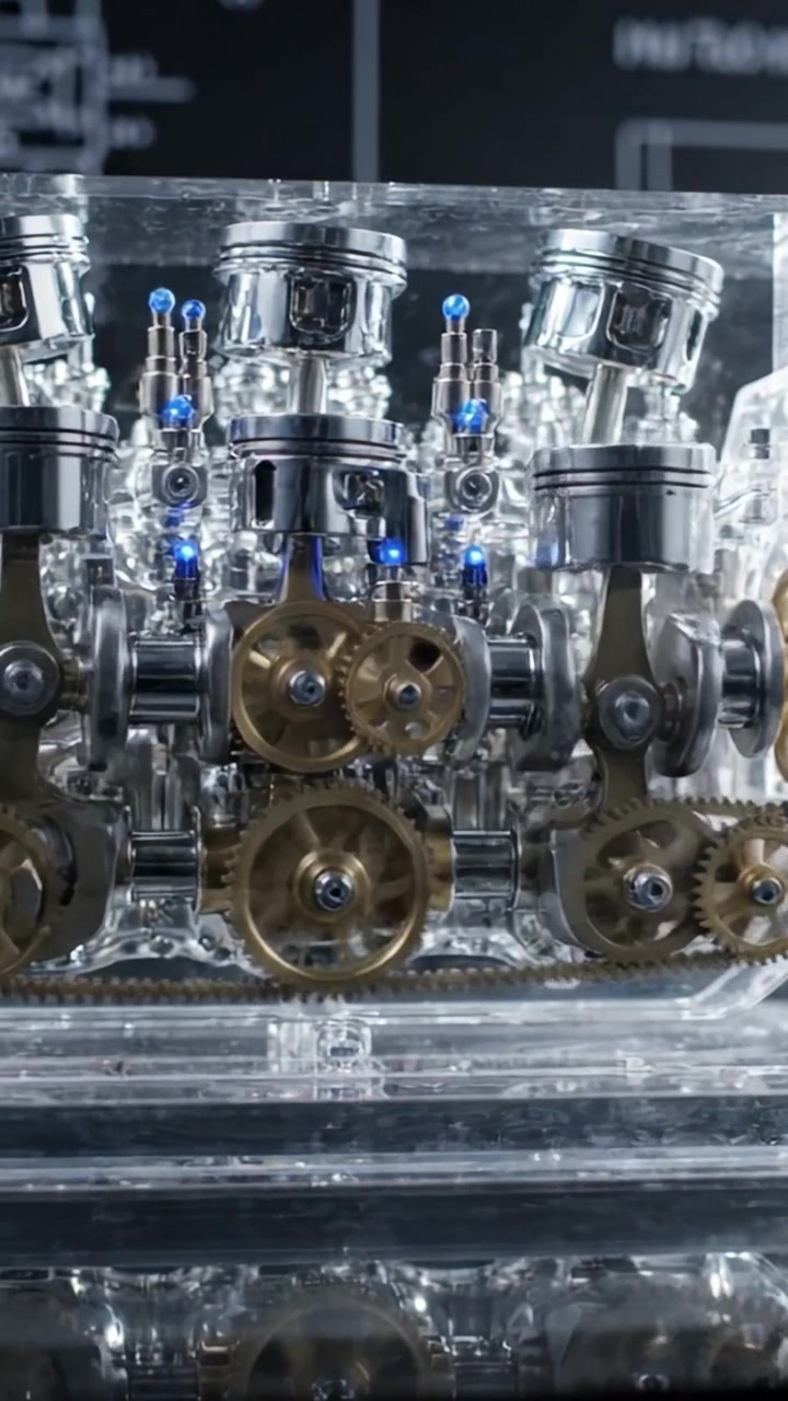 Intricate Display of Transparent Mechanisms Showcasing the Inner Workings of a Complex Engine with Detailed Gear and Piston Configurations for Educational Enthusiasts