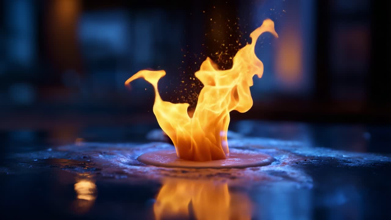 Vibrant Flames Erupting from a Reflective Surface: Capturing the Dance of Fire and Light in Stunning Detail and Colorful Splendor for Visual Impact