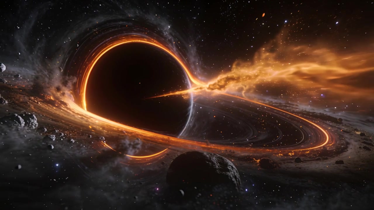 Accretion surge fueling black hole launching bright accretion disk, jet in space, with rocky moon