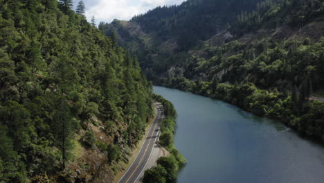 Scenic-road-trip-in-Sierra-Nevada’s-Feather-River,-Plumas-highway,-aerial-view