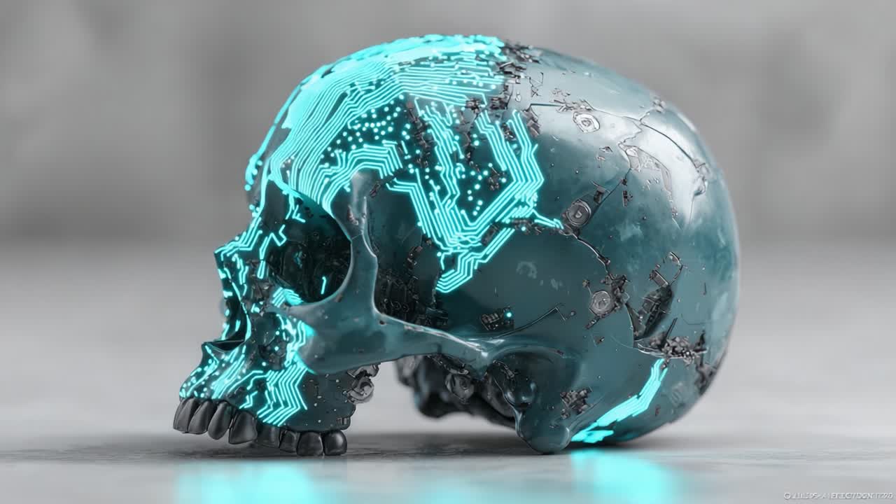 A futuristic cybernetic skull featuring intricate circuit designs, illuminated with a striking teal glow, presenting a seamless blend of technology and anatomy