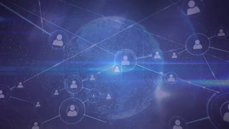 Animation of network of profile icons, light trails and globe against blue background