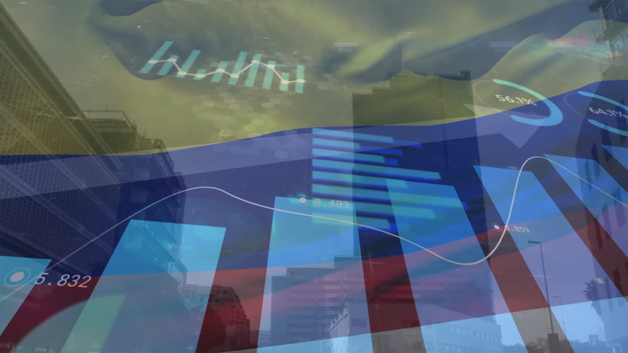 미국 국기를 흔드는 애니메이션과 도시 풍경 위의 금융 데이터 처리