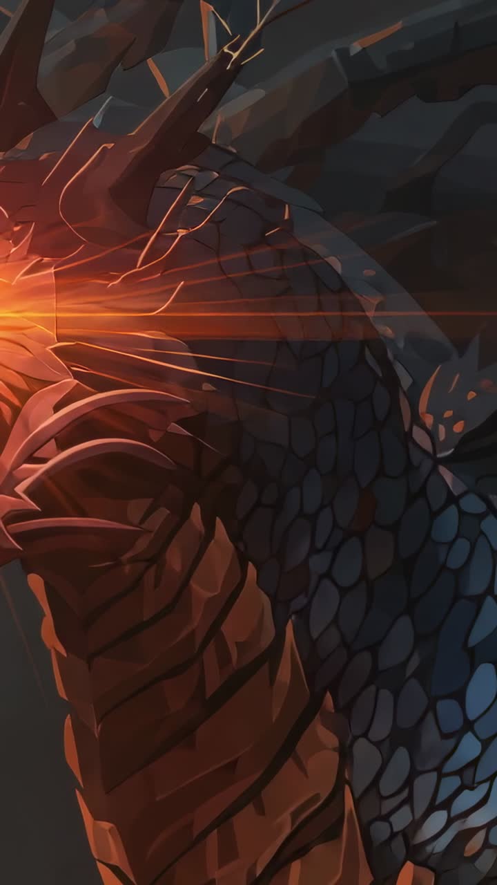 Vertical video: Panning blue-scaled dragon lifting head on smoky plain with embers and lens flare