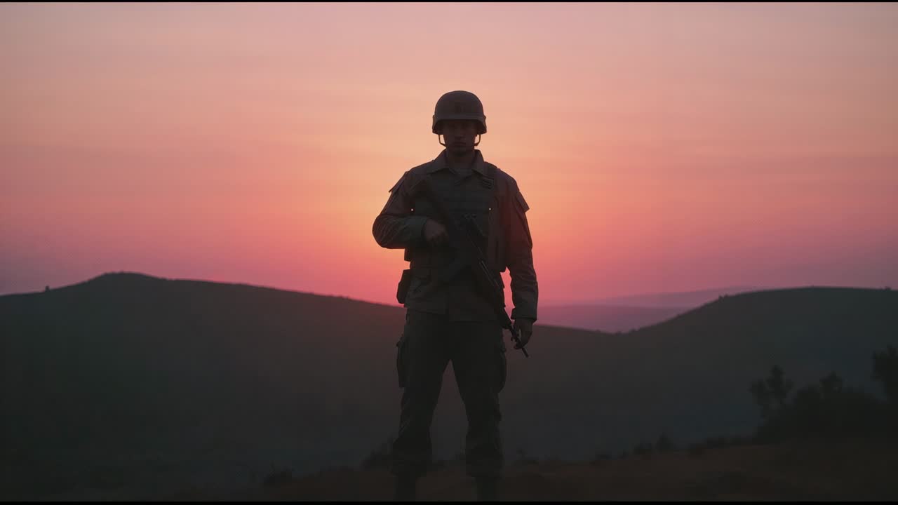 Sunset signaling soldier in uniform shifting weight, adjusting rifle at hilltop, preparing patrol