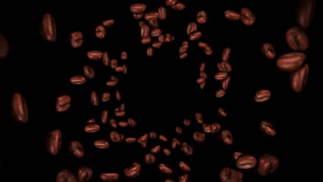 flying many coffee beans on black background. caffeine drink, breakfast, aroma. 3d animation of roasted coffee beans rotating. loop animation.