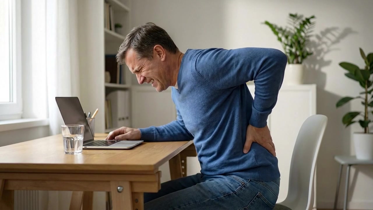 Man pressing painful lower back while leaning beside laptop in home interior