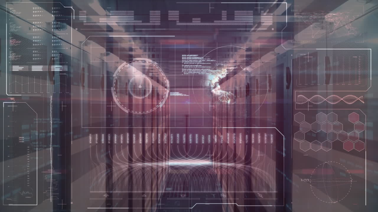 Animation of globe and data processing over server room
