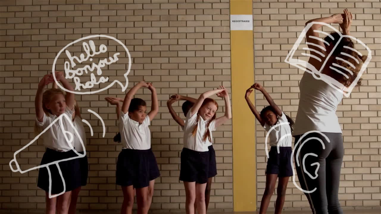 다양한 학교 학생에 대한 안하세요 텍스트와 학교 아이콘의 애니메이션