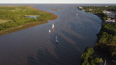 Luftaufnahme-Mit-Segelbooten-Auf-Dem-Lujan-Fluss-Auf-Der-Strecke-Zwischen-Buenos-Aires-Und-Montevideo