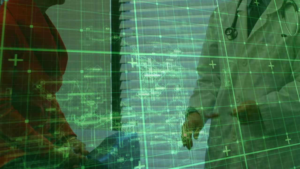 animación del procesamiento de datos sobre médico masculino con paciente mayor