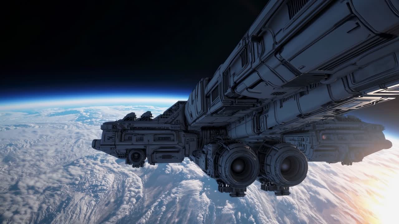 Large spaceship with powerful engines is orbiting a planet covered in thick clouds, offering a stunning view of space exploration and futuristic travel