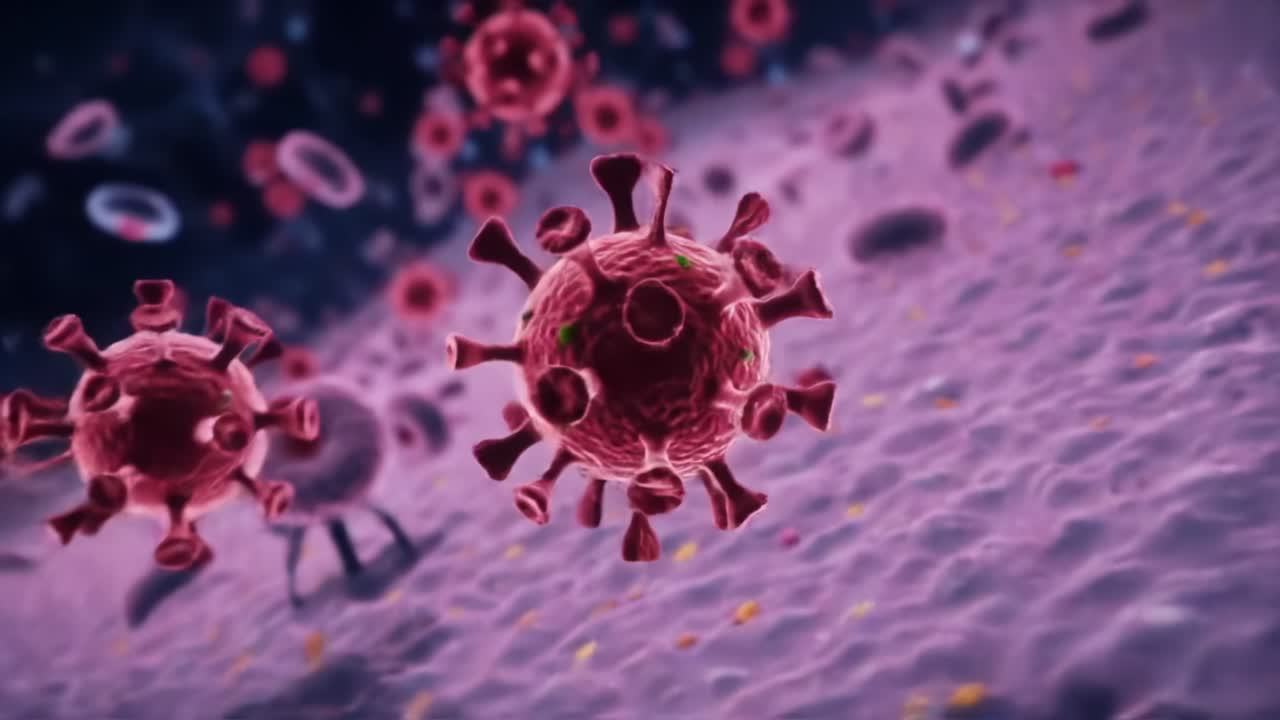 A Close-Up View of Viral Particles in a Microscopic Environment, Illustrating the Structures and Interactions of Pathogenic Agents in the Biological Realm