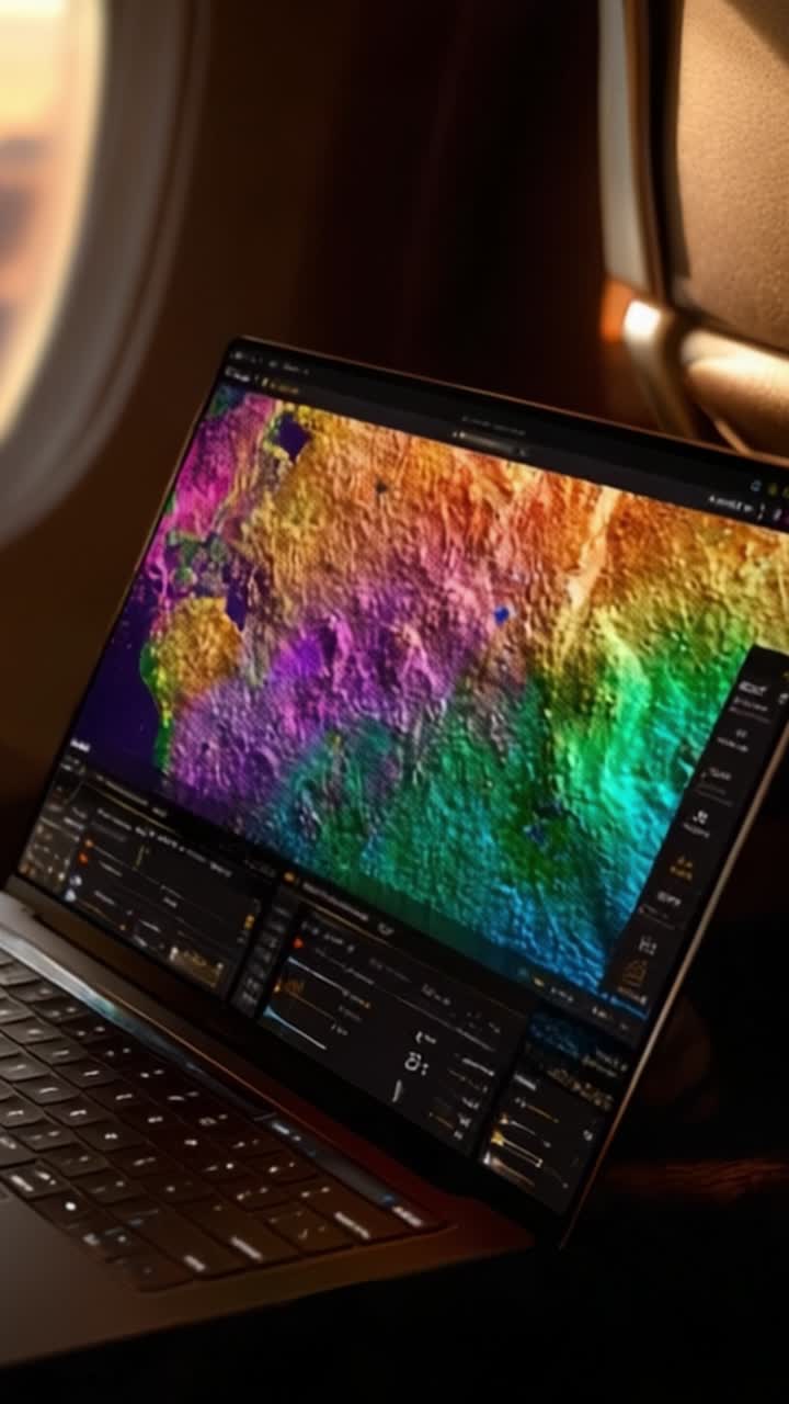 Vibrant 3D Terrain Visualization on a Laptop Display During a Scenic Flight, Showcasing Colorful Elevations and Detailed Topography in Stunning Clarity