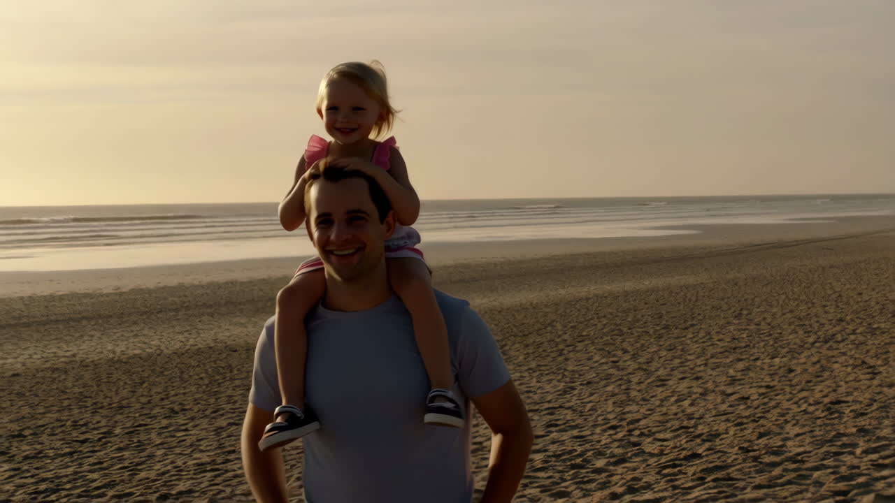 Padre che porta la figlia sulle spalle in spiaggia al tramonto