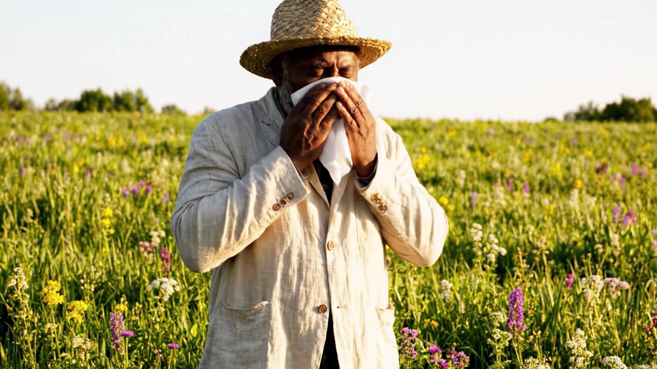 Um homem contemplativo com um chapéu de palha está em meio a um vibrante campo de flores silvestres, refletindo sobre a natureza e a vida em uma paisagem serena repleta de cor e beleza.