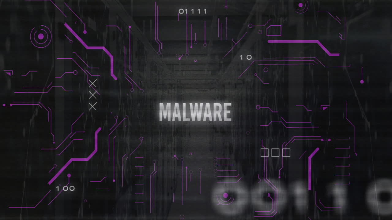 animación de texto de malware y procesamiento de datos a través de servidores informáticos