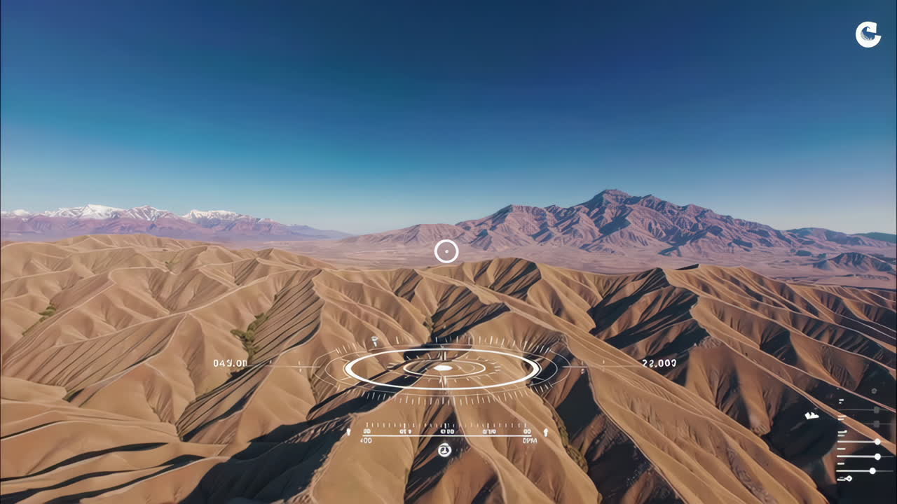 Aerial View of a Mountainous Desert Landscape with Digital Overlay