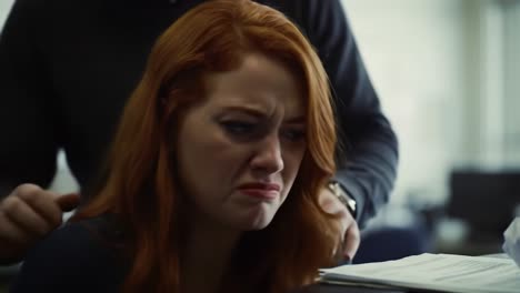 a frustrated employee deals with a jammed printer in a bustling office. the tension rises as she tries to fix the issue amidst the chaos of a workday.