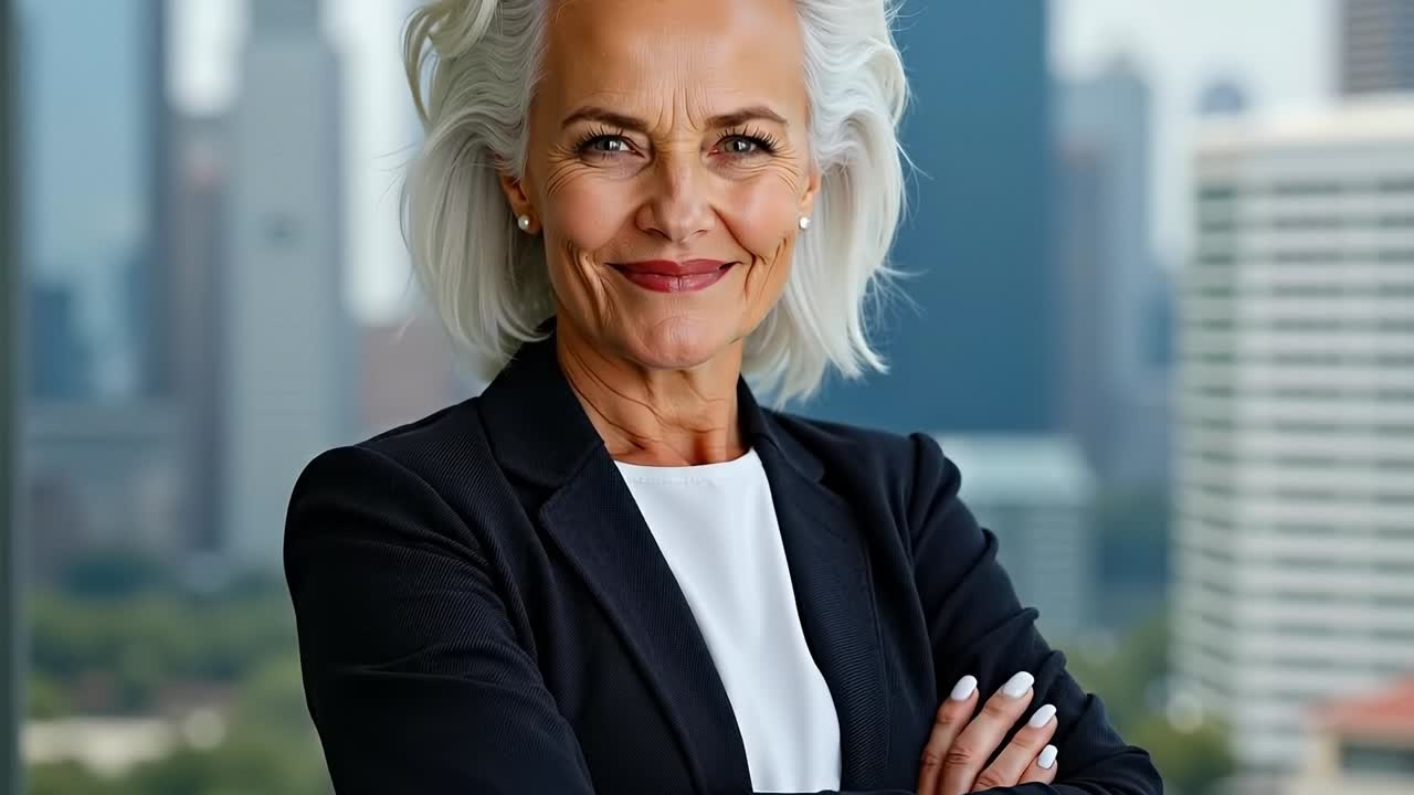 A woman in a business suit standing in front of a city skyline
