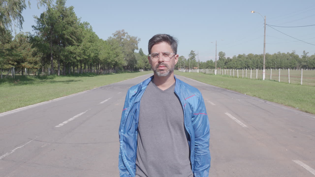 Front view man in casual clothes walking on the street alone